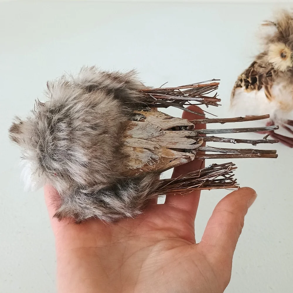 Pair Of Life Like Detailed Feathered Furry Owl Figurines Rustic Fall Decor